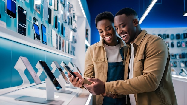 dos personas mirando sus teléfonos en una tienda