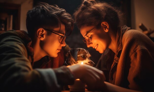 Dos personas mirando una vela en un cuarto oscuro