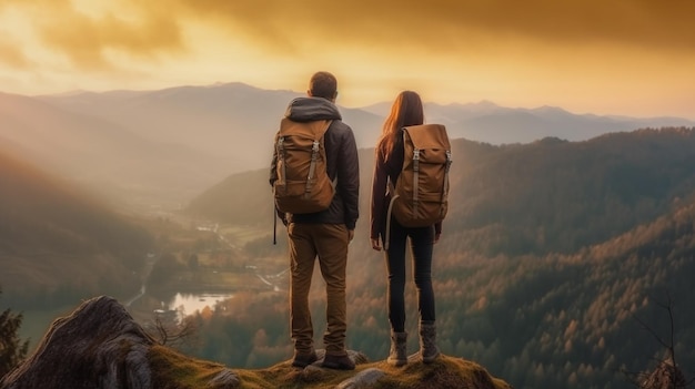 Dos personas con mochilas se paran en un acantilado mirando una puesta de sol