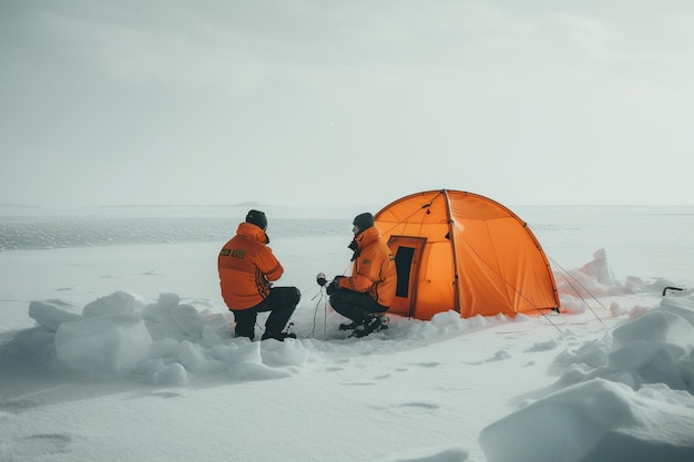 Dos personas montan una tienda de campaña en la nieve.