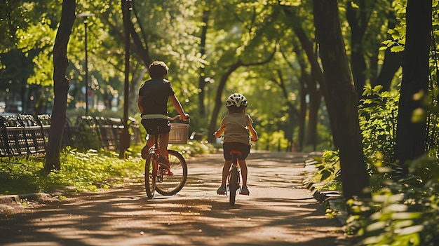 Foto dos personas montando bicicletas por un camino de tierra con una canasta en la espalda