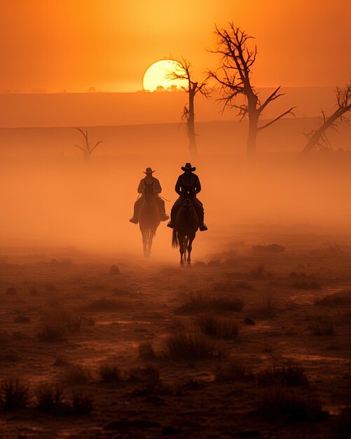 dos personas montando caballos en la niebla con el sol detrás de ellos