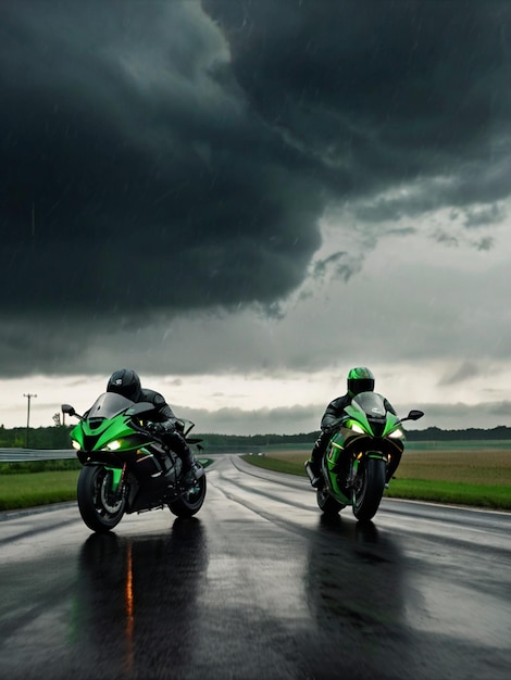 Foto dos personas en motocicletas con un cielo oscuro detrás de ellos