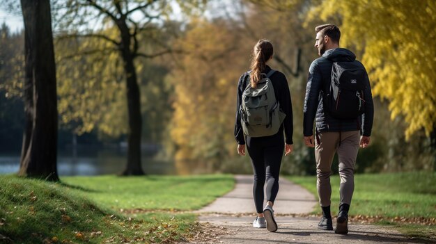 Dos personas participan en la aptitud al aire libre a través de rucking caminando a toda velocidad en un camino soleado cada uno con una mochila bañada en un cálido resplandor