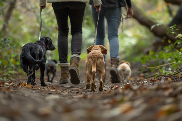 Dos personas se pasean con sus cuatro perros en correa por un sendero forestal