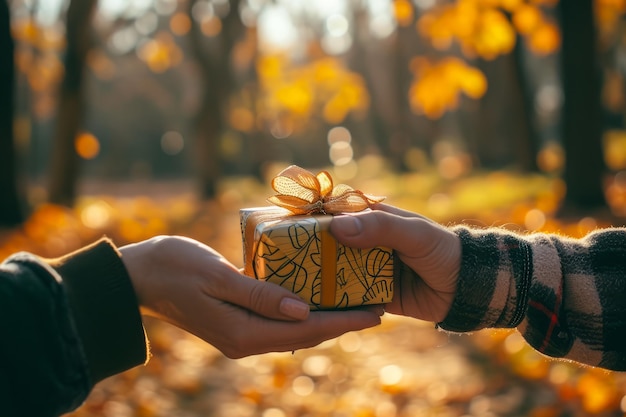 Dos personas de pie en un bosque sosteniendo un regalo que está bien envuelto