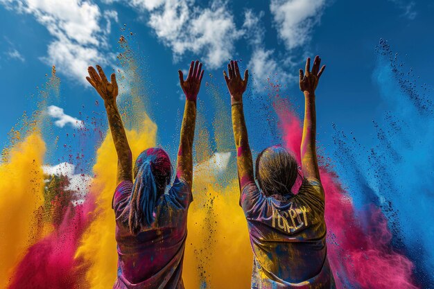 Foto dos personas de pie contra el cielo de polvo de colores vibrantes