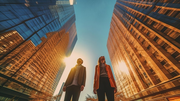 Foto dos personas de pie contra un rascacielos moderno
