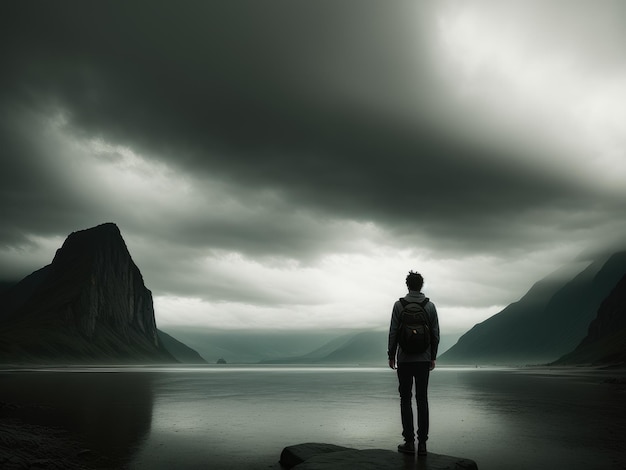 Dos personas de pie frente a una montaña con un fondo de cielo oscuro