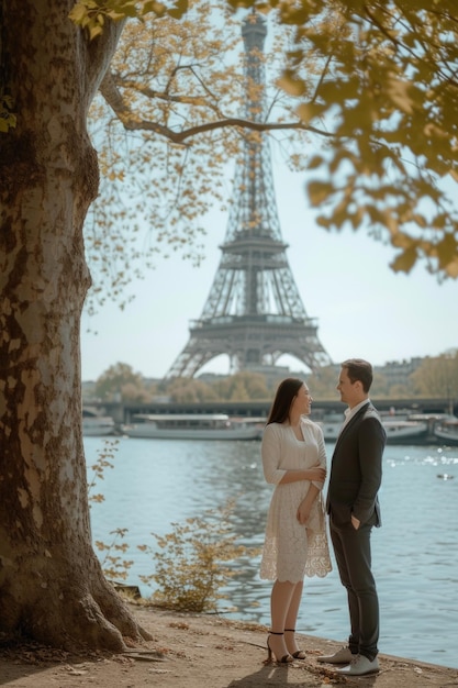 dos personas de pie junto a la Torre Eiffel en su foto de compromiso
