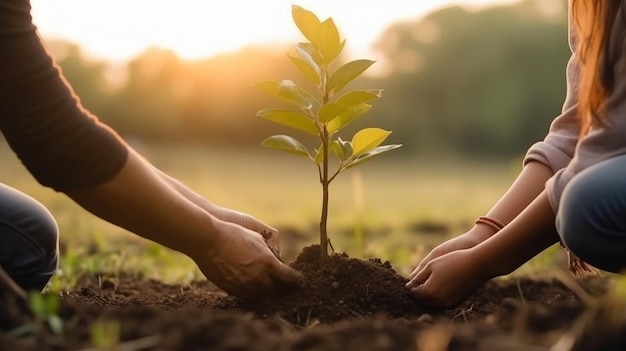 Dos personas plantando un árbol en el jardín.