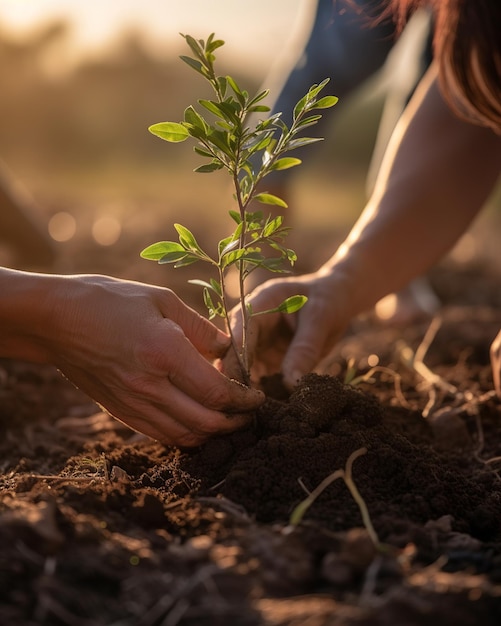 Dos personas plantando un árbol en el suelo