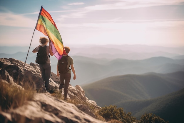 dos personas, posición, en, un, montaña, con, un, arco iris, bandera