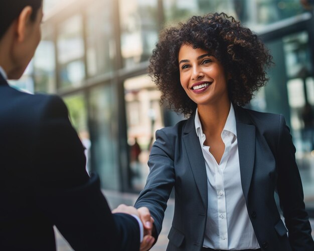 Dos personas que se dan la mano después de un contrato exitoso en la oficina felices y con una sonrisa en la cara