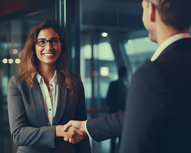 Dos personas que se dan la mano después de un contrato exitoso en la oficina felices y con una sonrisa en la cara