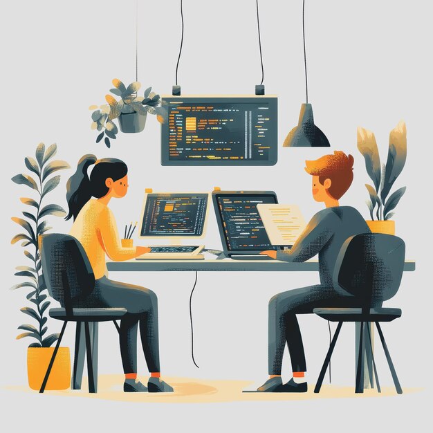 Dos personas que trabajan en una oficina moderna colaborando en computadoras portátiles rodeadas de plantas y pantallas digitales que muestran código y análisis de datos