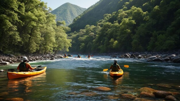 Foto dos personas remando en kayaks por un río