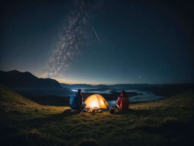 dos personas sentadas alrededor de una fogata bajo un cielo nocturno con vistas al océano