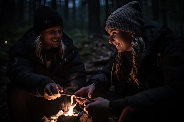 Dos personas sentadas alrededor de un fuego en el bosque Generativo Ai