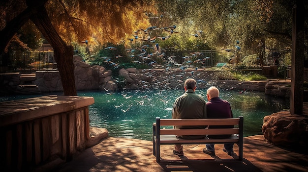 Dos personas sentadas en un banco frente a un estanque con un cielo azul y la palabra