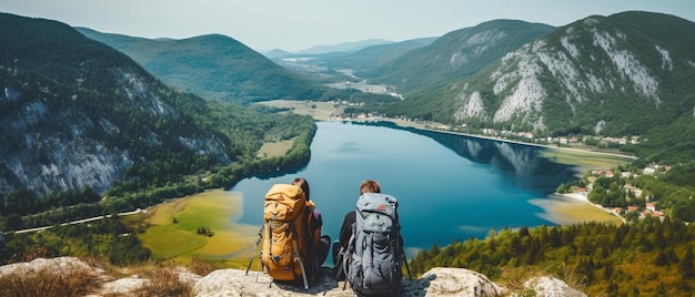 dos personas sentadas en la cima de una montaña con vistas a un lago