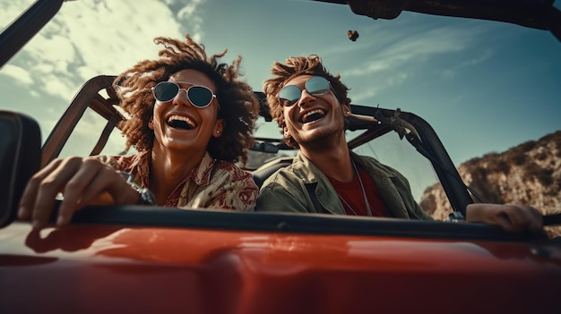 Dos personas sentadas en un coche en una ciudad hablando y sonriendo juntas el Día de la Amistad