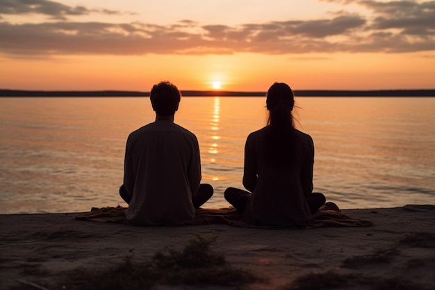 Dos personas sentadas en la playa, una de ellas mira la puesta de sol.