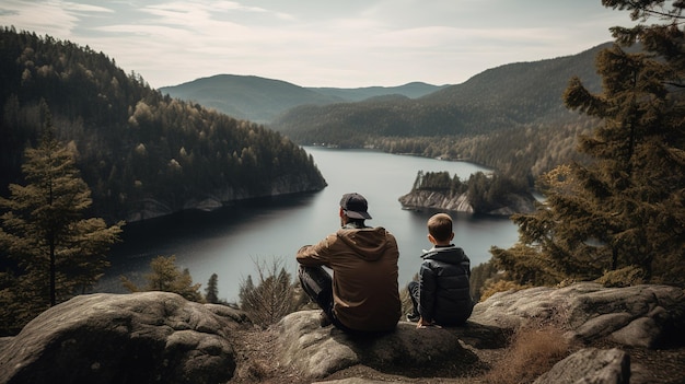 Dos personas sentadas en una roca con vistas a un lago.