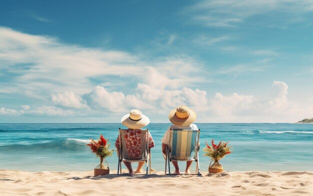 Dos personas sentadas en sillas en una playa AI