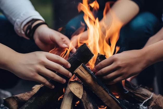 Dos personas se sientan alrededor de una fogata, una de ellas sostiene un trozo de madera.