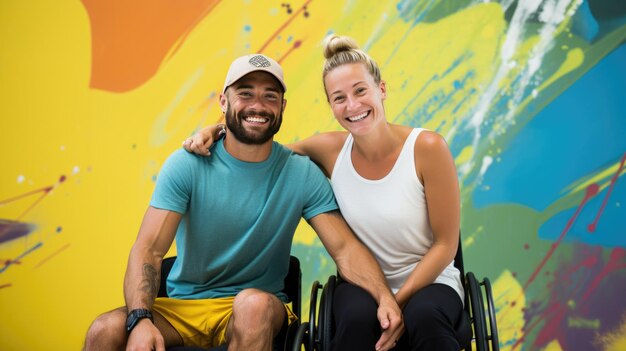 Dos personas en una silla de ruedas abrazándose en amistad contra una colorida pared de graffiti