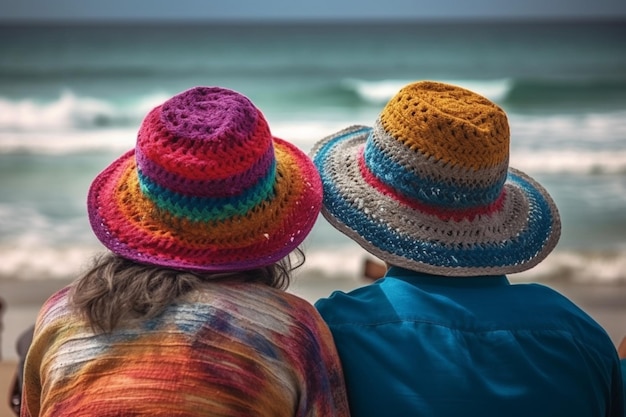 Dos personas con sombreros coloridos se sientan en una playa mirando al mar.