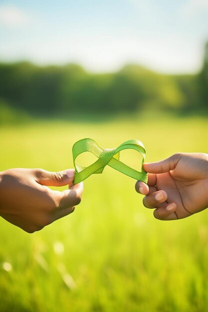 Foto dos personas sosteniendo una cinta verde en sus manos de las cuales una es verde