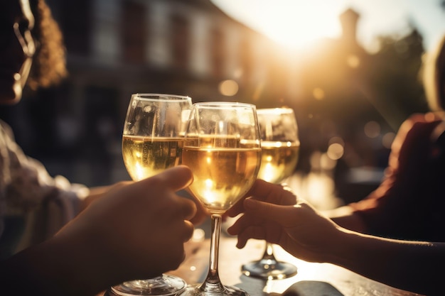 Dos personas sostienen una copa de vino blanco.