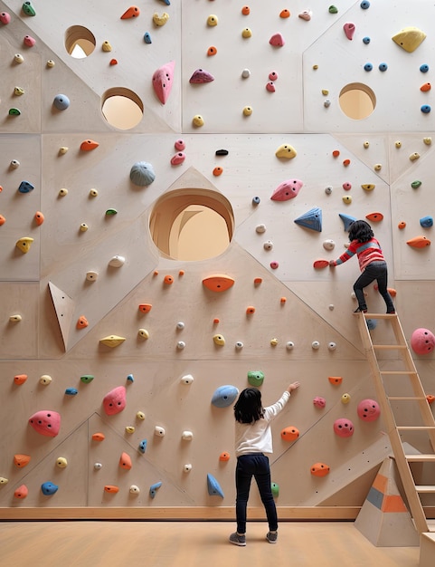 dos personas subiendo a una pared de roca en el medio de una habitación llena de varias rocas de colores y pequeños agujeros