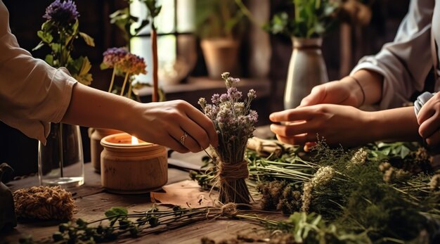 Dos personas trabajando en una mesa con flores y plantas.