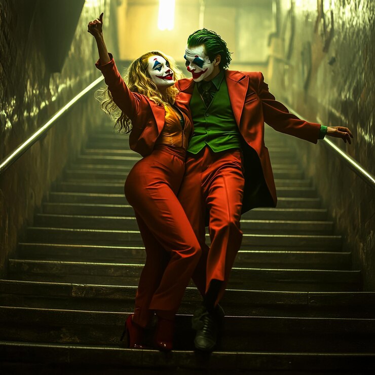dos personas con trajes están en las escaleras y el hombre con la camisa verde lleva una máscara
