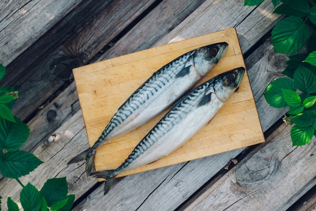 Foto dos pescados frescos en una tabla de cortar, cocinar caballa, colas de pescado de cerca