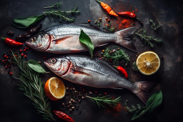 Dos pescados en una mesa con especias y limones.