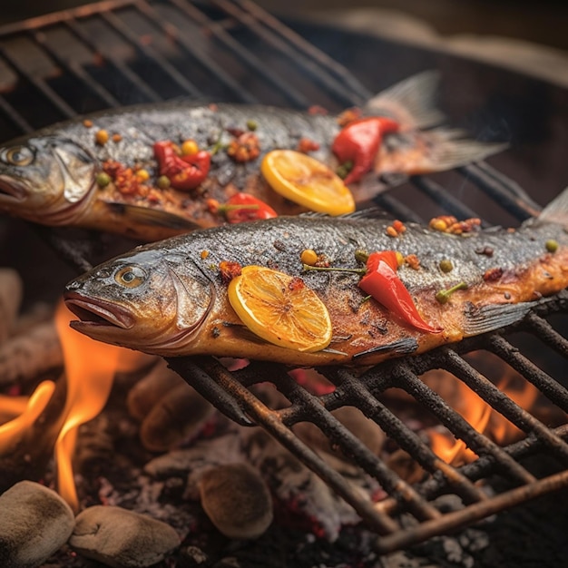 Dos pescados a la parrilla con fuego al fondo