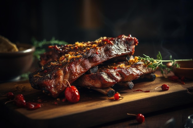 Dos piezas de carne sobre una tabla de cortar de madera IA generativa