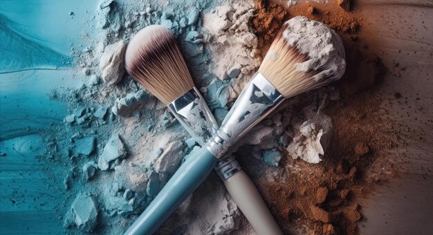 dos pinceles de maquillaje con polvo azul y al estilo de blanco y marrón