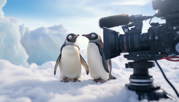dos pingüinos están de pie en la nieve frente a una cámara