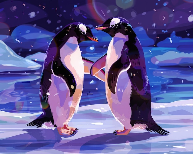 dos pingüinos están de pie en la nieve uno tiene la palabra pingüinos en él