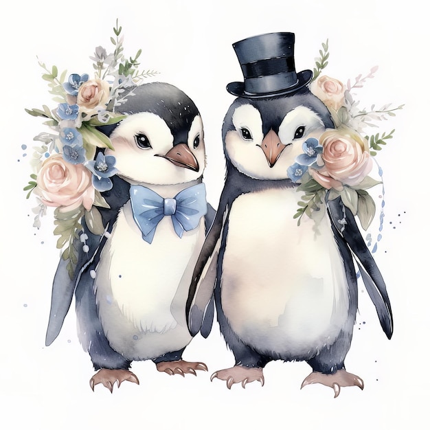 Dos pingüinos con flores y uno con sombrero de copa