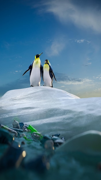 Dos pingüinos mirando a su alrededor y ven el océano con basura plástica. Procesamiento de ilustración 3d de alta calidad