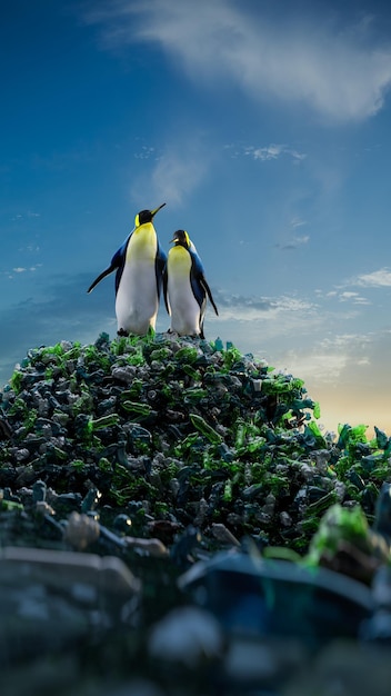 Foto dos pingüinos mirando a su alrededor y ven el océano con basura plástica. procesamiento de ilustración 3d de alta calidad