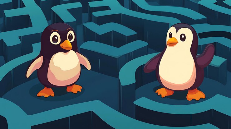 Foto dos pingüinos navegan por un laberinto en una ilustración digital