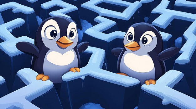 Dos pingüinos navegando por un laberinto congelado en una ilustración digital