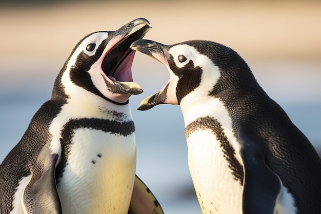 dos pingüinos con sus cabezas abiertas uno está abierto y el otro está abierto al otro